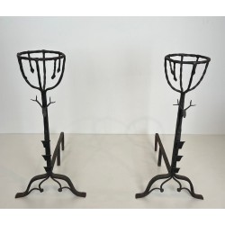 Important Pair of 19th Century Wrought Iron Landiers with Deer Head Finials