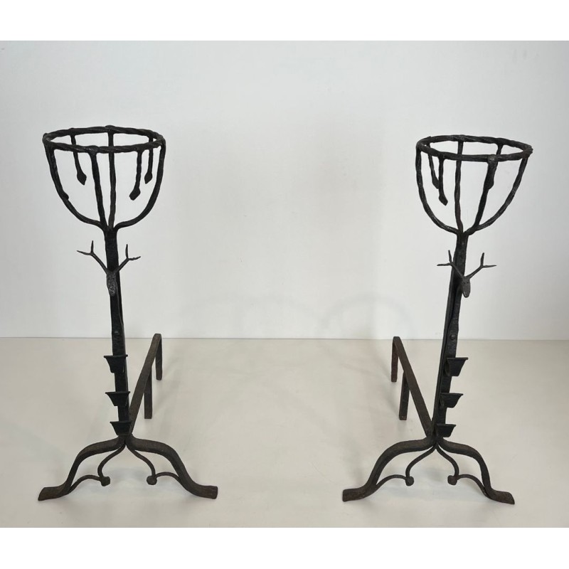 Important Pair of 19th Century Wrought Iron Landiers with Deer Head Finials