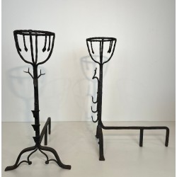 Important Pair of 19th Century Wrought Iron Landiers with Deer Head Finials