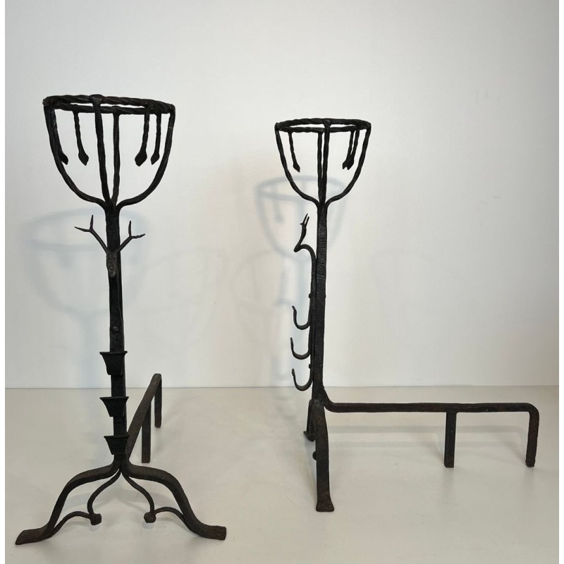 Important Pair of 19th Century Wrought Iron Landiers with Deer Head Finials