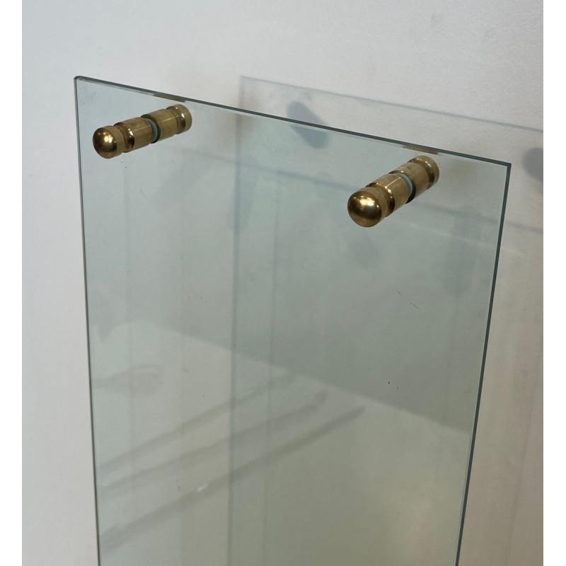 Modernist Glass and Brass Fireplace Companion Set with Hanging Tools, Circa 1970