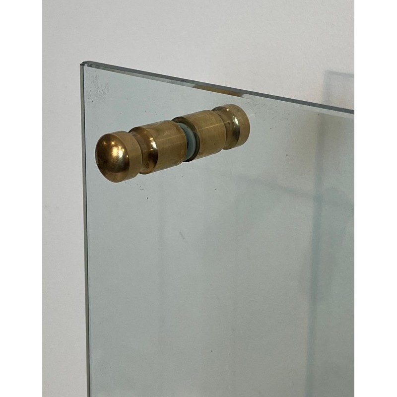 Modernist Glass and Brass Fireplace Companion Set with Hanging Tools, Circa 1970