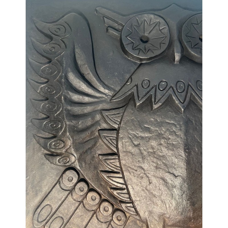 Modernist Cast Iron Fireback with Owl, Signed Lucas, Stamped by Stern Foundry, Circa 1970