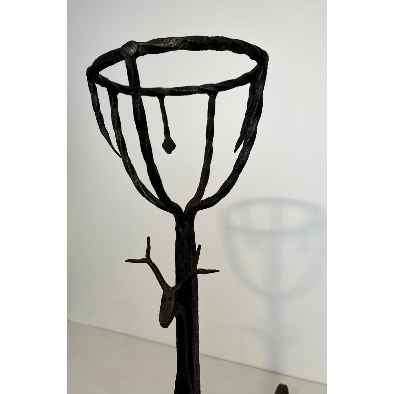 Important Pair of 19th Century Wrought Iron Landiers with Deer Head Finials