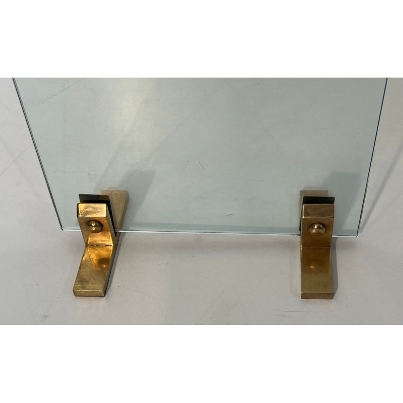 Modernist Glass and Brass Fireplace Companion Set with Hanging Tools, Circa 1970