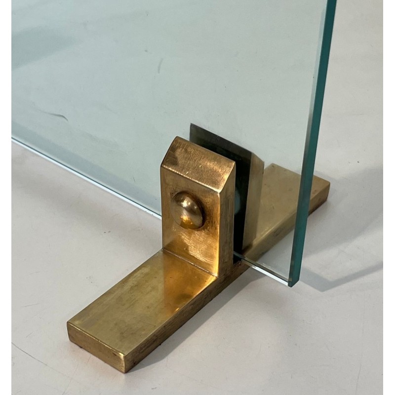 Modernist Glass and Brass Fireplace Companion Set with Hanging Tools, Circa 1970