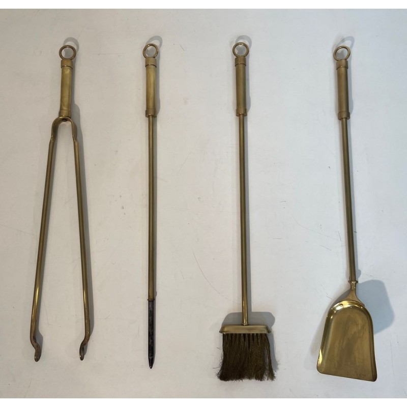 Modernist Glass and Brass Fireplace Companion Set with Hanging Tools, Circa 1970