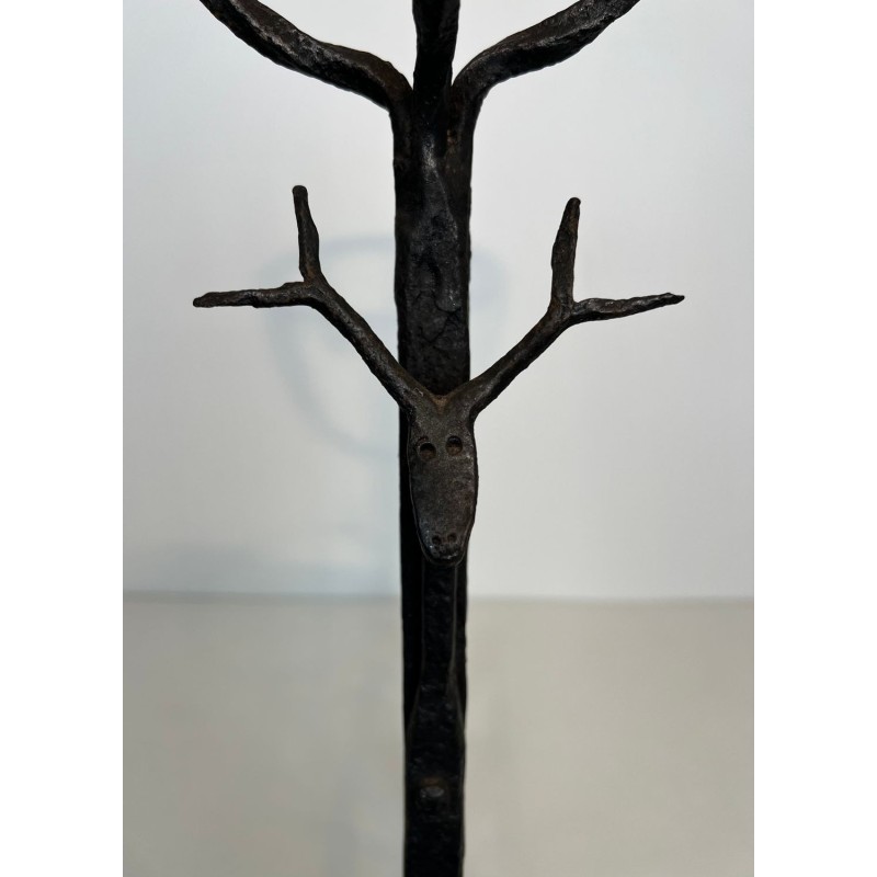 Important Pair of 19th Century Wrought Iron Landiers with Deer Head Finials