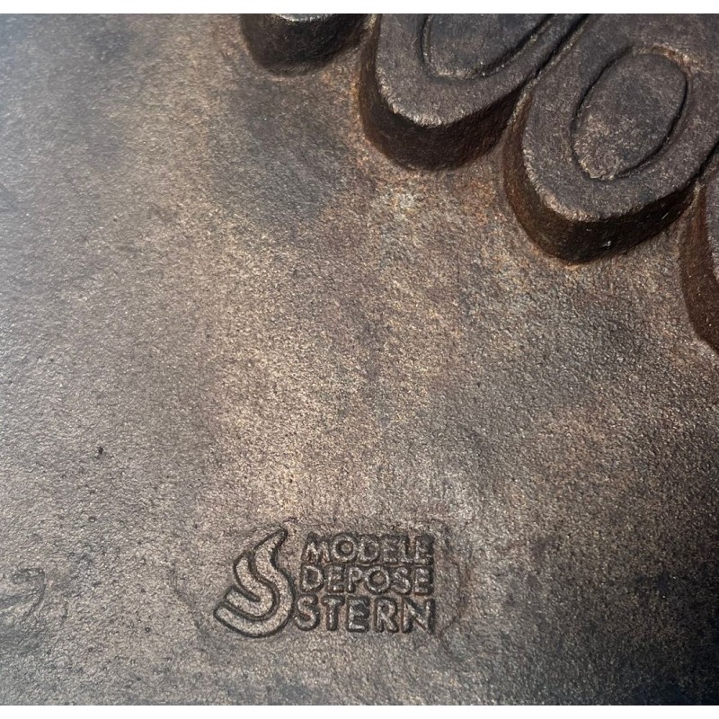 Modernist Cast Iron Fireback with Owl, Signed Lucas, Stamped by Stern Foundry, Circa 1970