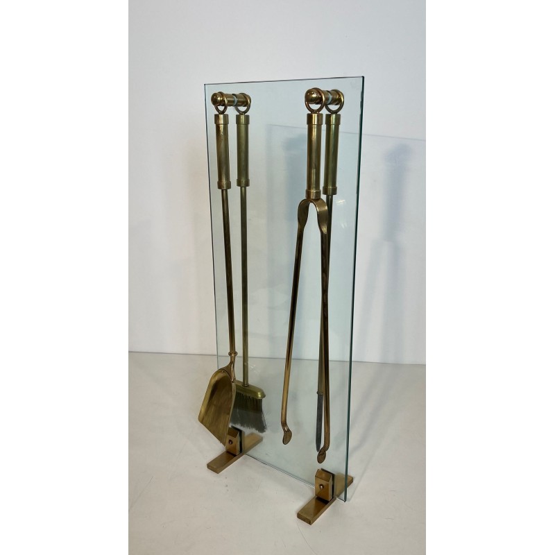 Modernist Glass and Brass Fireplace Companion Set with Hanging Tools, Circa 1970