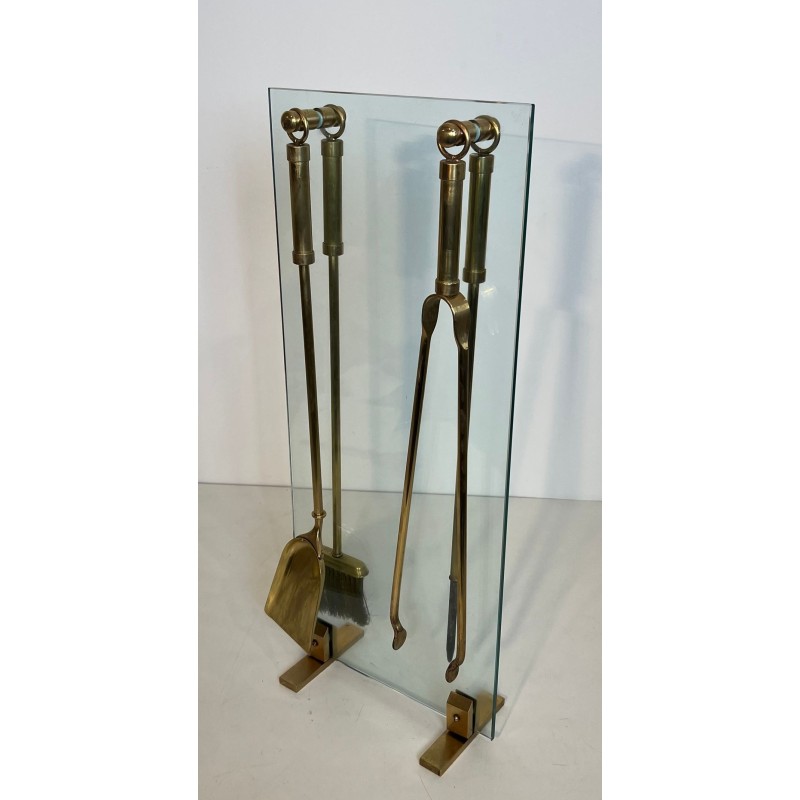 Modernist Glass and Brass Fireplace Companion Set with Hanging Tools, Circa 1970