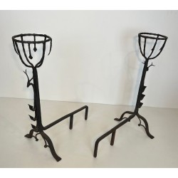 Important Pair of 19th Century Wrought Iron Landiers with Deer Head Finials