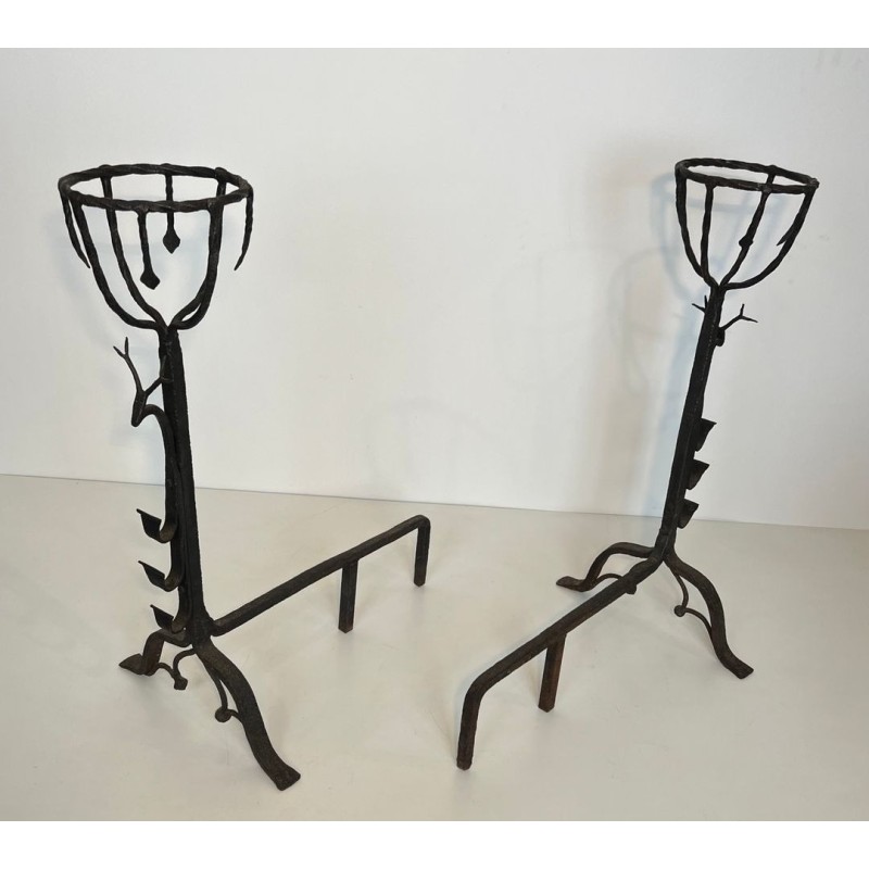 Important Pair of 19th Century Wrought Iron Landiers with Deer Head Finials