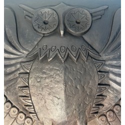 Modernist Cast Iron Fireback with Owl, Signed Lucas, Stamped by Stern Foundry, Circa 1970