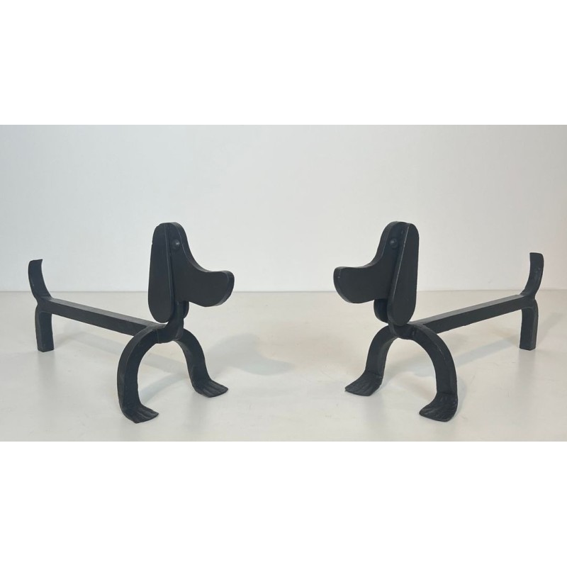 Pair of Modernist Wrought Iron Dachshund Andirons Attributed to Edouard Schenck