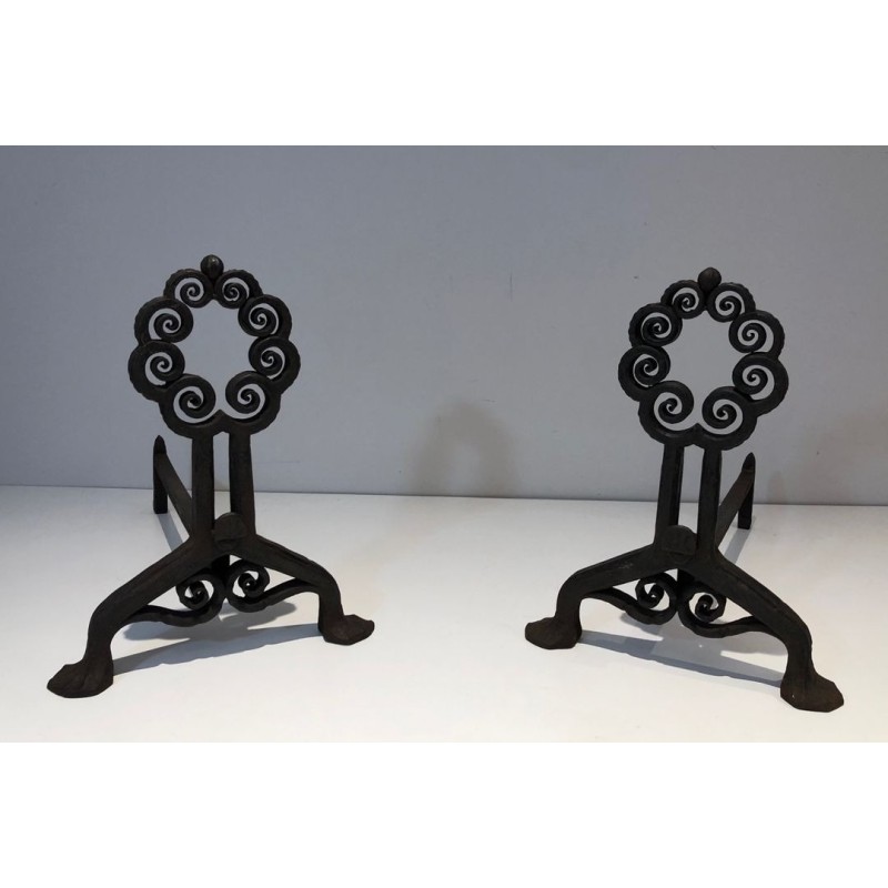 Paire de Chenets en Fer Forgé Art Nouveau à Volutes Circulaires, Signés Wanner Genève