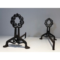 Pair of Art Nouveau Wrought Iron Andirons with Circular Scrollwork, Signed Wanner Geneva