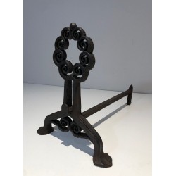 Paire de Chenets en Fer Forgé Art Nouveau à Volutes Circulaires, Signés Wanner Genève