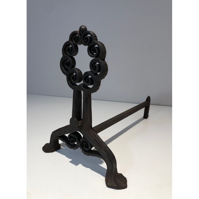 Paire de Chenets en Fer Forgé Art Nouveau à Volutes Circulaires, Signés Wanner Genève