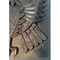 Modernist Cast Iron Fireback with Owl, Signed Lucas, Stamped by Stern Foundry, Circa 1970