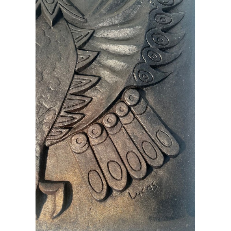 Modernist Cast Iron Fireback with Owl, Signed Lucas, Stamped by Stern Foundry, Circa 1970