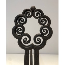Pair of Art Nouveau Wrought Iron Andirons with Circular Scrollwork, Signed Wanner Geneva