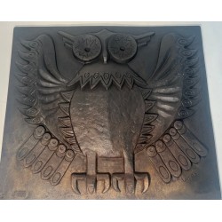 Modernist Cast Iron Fireback with Owl, Signed Lucas, Stamped by Stern Foundry, Circa 1970