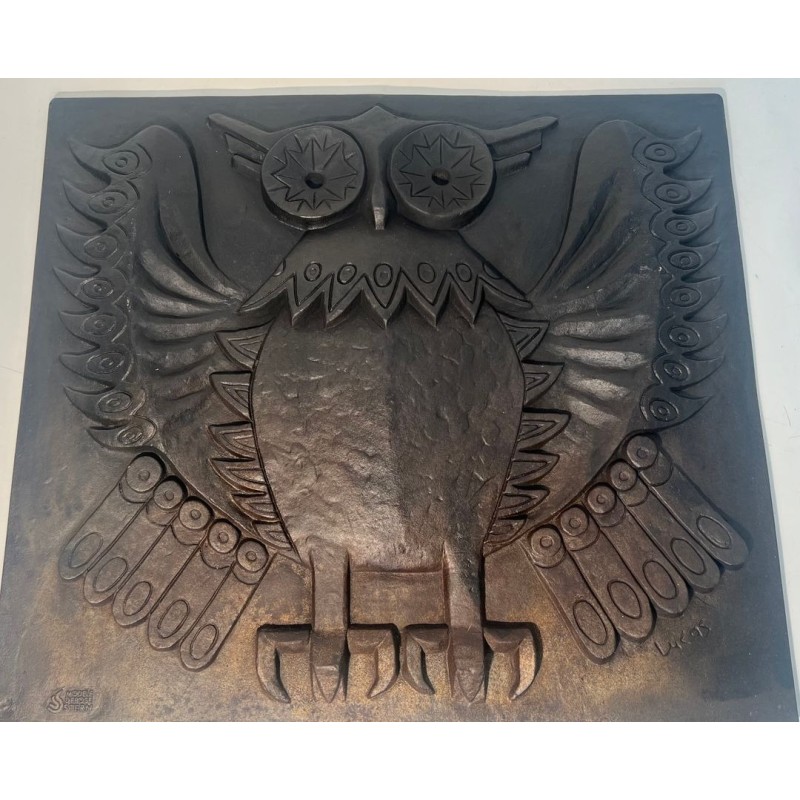 Modernist Cast Iron Fireback with Owl, Signed Lucas, Stamped by Stern Foundry, Circa 1970