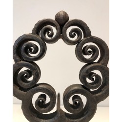 Pair of Art Nouveau Wrought Iron Andirons with Circular Scrollwork, Signed Wanner Geneva