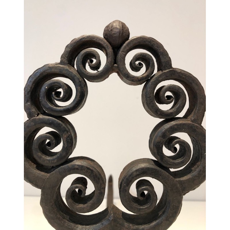 Paire de Chenets en Fer Forgé Art Nouveau à Volutes Circulaires, Signés Wanner Genève