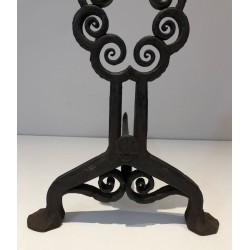 Paire de Chenets en Fer Forgé Art Nouveau à Volutes Circulaires, Signés Wanner Genève