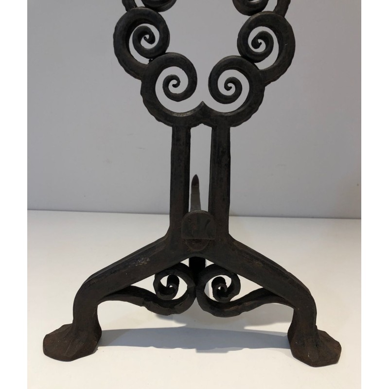 Paire de Chenets en Fer Forgé Art Nouveau à Volutes Circulaires, Signés Wanner Genève