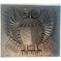 Modernist Cast Iron Fireback with Owl, Signed Lucas, Stamped by Stern Foundry, Circa 1970