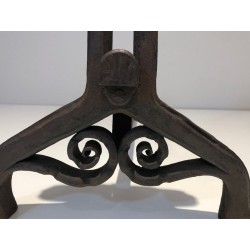 Pair of Art Nouveau Wrought Iron Andirons with Circular Scrollwork, Signed Wanner Geneva
