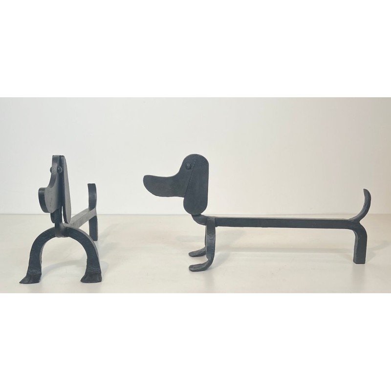 Pair of Modernist Wrought Iron Dachshund Andirons Attributed to Edouard Schenck