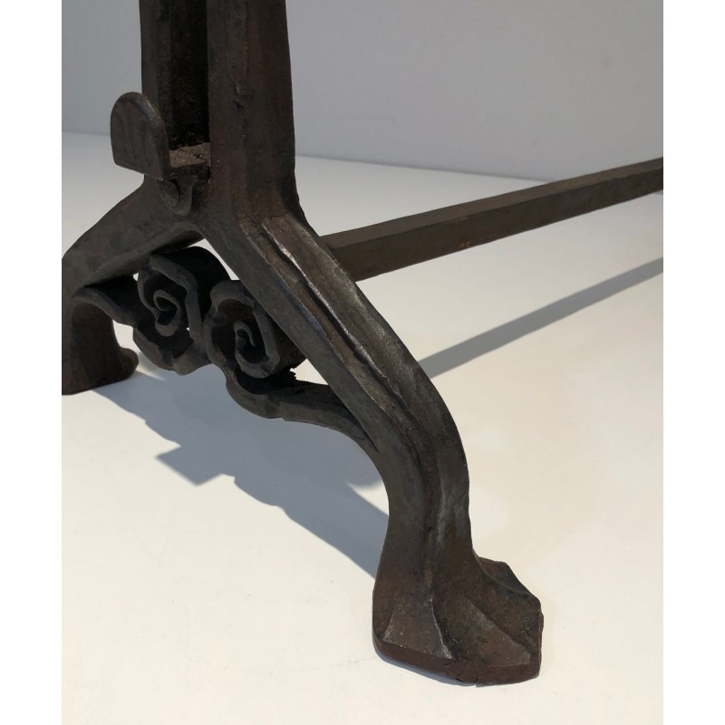 Pair of Art Nouveau Wrought Iron Andirons with Circular Scrollwork, Signed Wanner Geneva