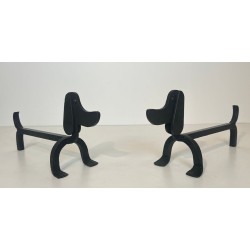 Paire de Chenets en Fer Forgé Représentant des Teckels, Attribués à Edouard Schenck