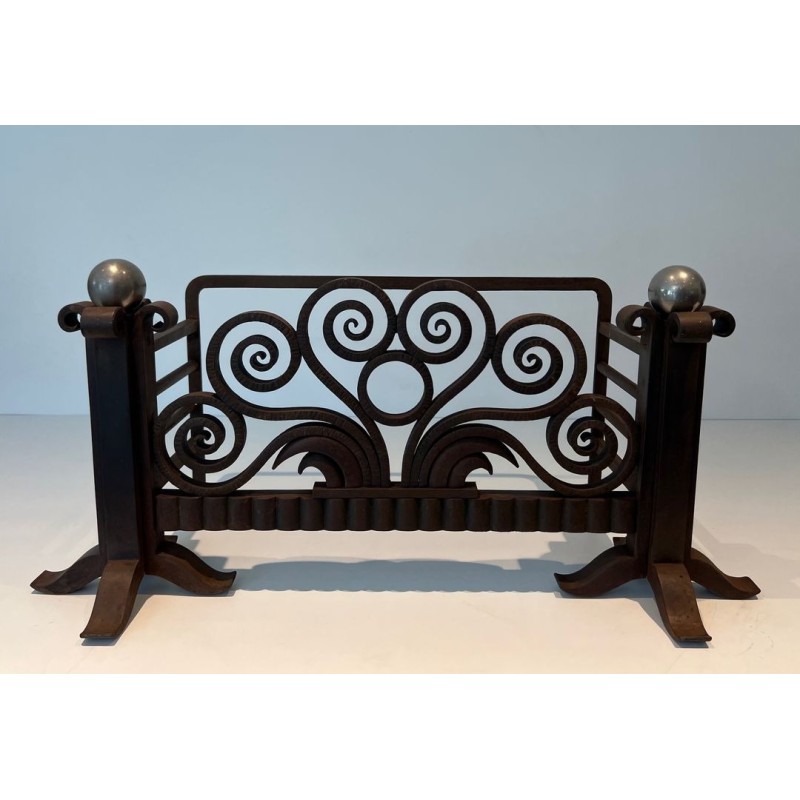 Modernist Hammered Wrought Iron and Chrome Log Cradle or Andirons in the Style of Edgar Brandt