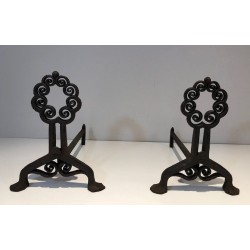 Paire de Chenets en Fer Forgé Art Nouveau à Volutes Circulaires, Signés Wanner Genève