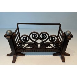 Modernist Hammered Wrought Iron and Chrome Log Cradle or Andirons in the Style of Edgar Brandt