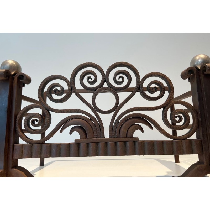Modernist Hammered Wrought Iron and Chrome Log Cradle or Andirons in the Style of Edgar Brandt