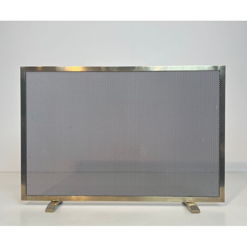 Modernist Brass and Wire Mesh Fireplace Screen with Moiré Optical Effect