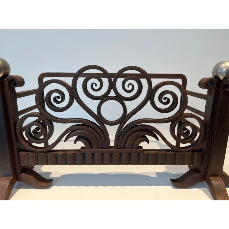 Modernist Hammered Wrought Iron and Chrome Log Cradle or Andirons in the Style of Edgar Brandt