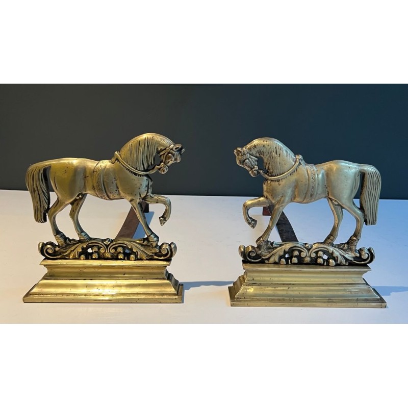 Pair of Neoclassical Chiseled Bronze Rearing Horse Andirons on Decorated Plinths