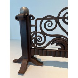Modernist Hammered Wrought Iron and Chrome Log Cradle or Andirons in the Style of Edgar Brandt