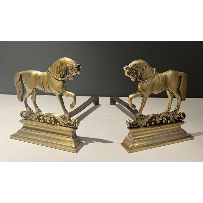 Pair of Neoclassical Chiseled Bronze Rearing Horse Andirons on Decorated Plinths