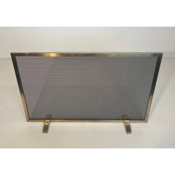 Modernist Brass and Wire Mesh Fireplace Screen with Moiré Optical Effect