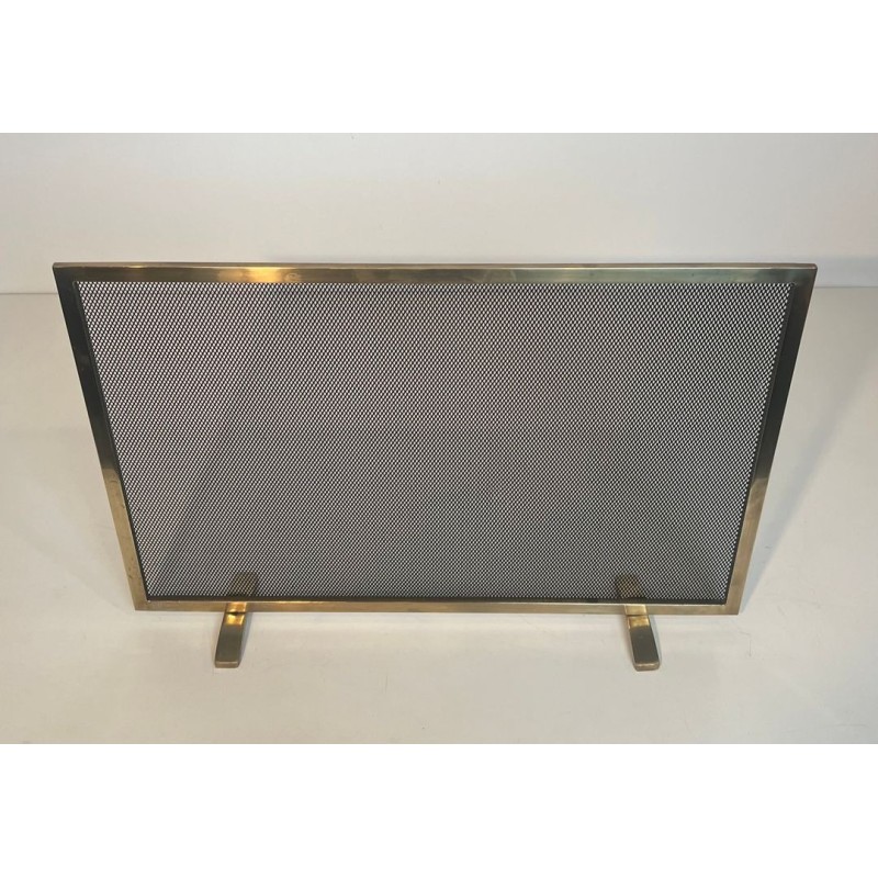 Modernist Brass and Wire Mesh Fireplace Screen with Moiré Optical Effect