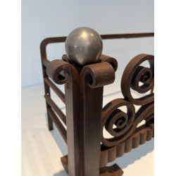 Modernist Hammered Wrought Iron and Chrome Log Cradle or Andirons in the Style of Edgar Brandt