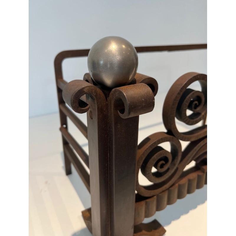 Modernist Hammered Wrought Iron and Chrome Log Cradle or Andirons in the Style of Edgar Brandt